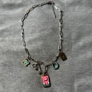 Silver Charm Necklace with Pink and Turquoise Accents